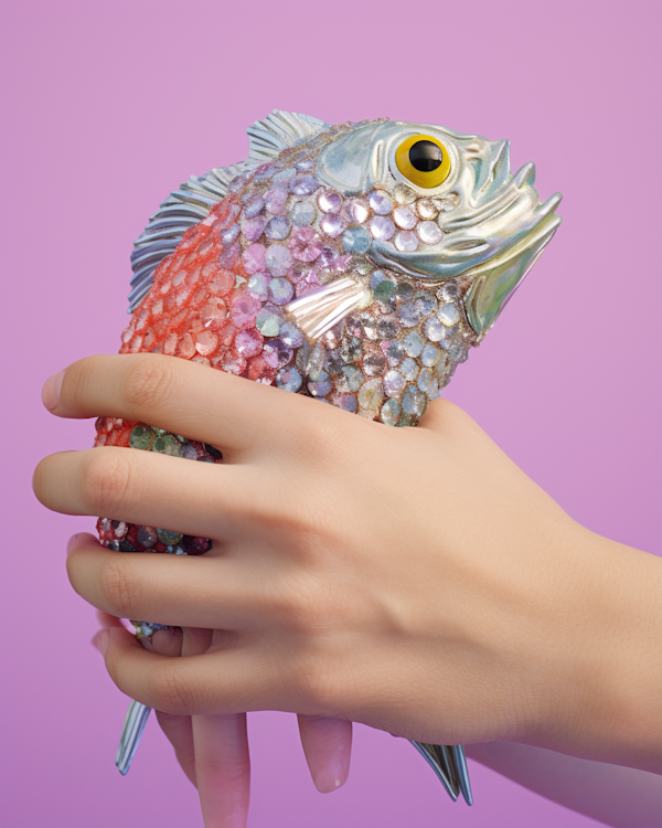 Gemstone Adorned Whimsical Fish Sculpture in Hand