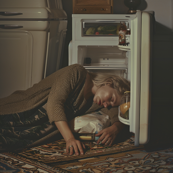 Woman Resting by Refrigerator