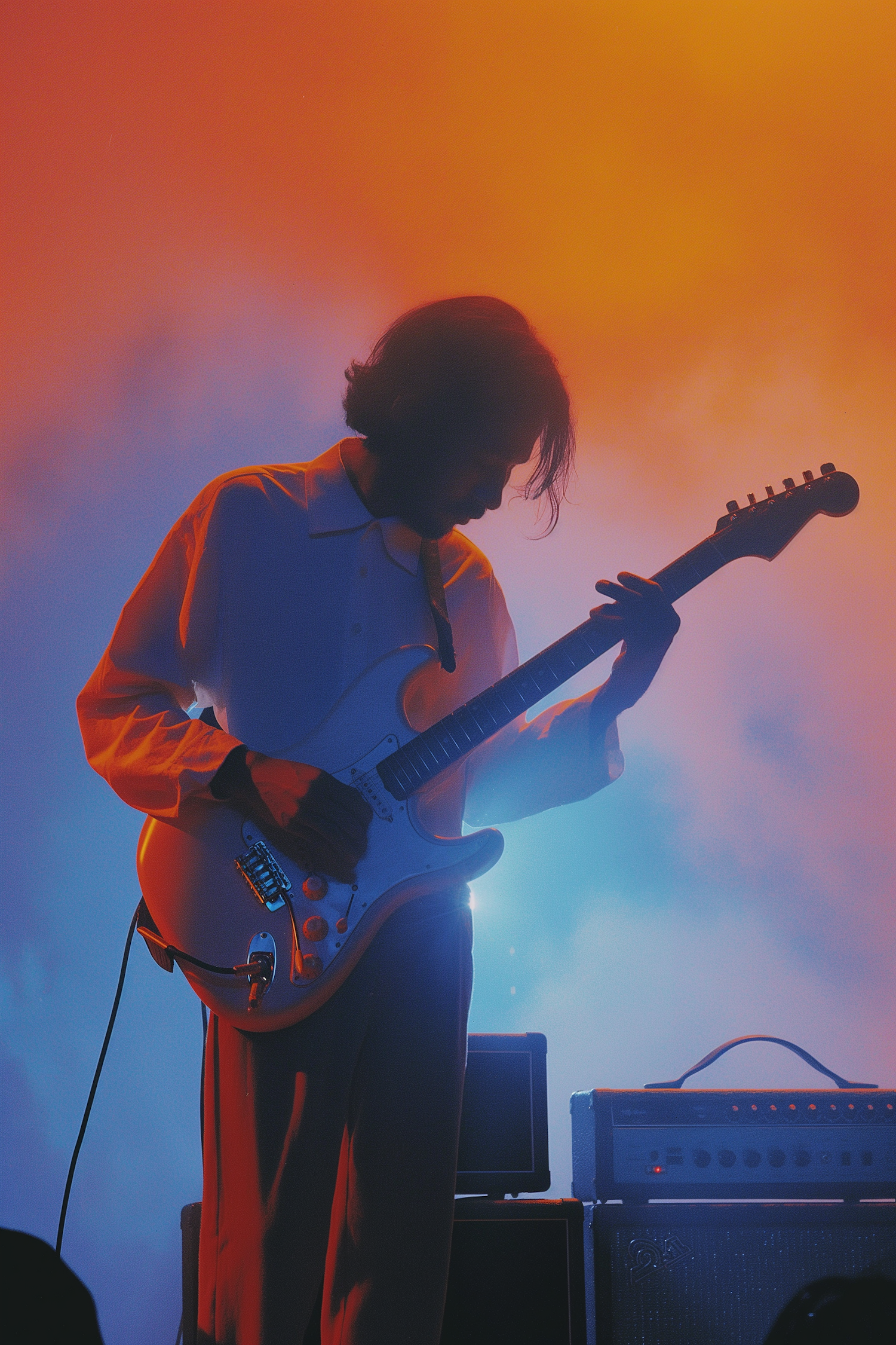 Engrossed Musician on Illuminated Stage