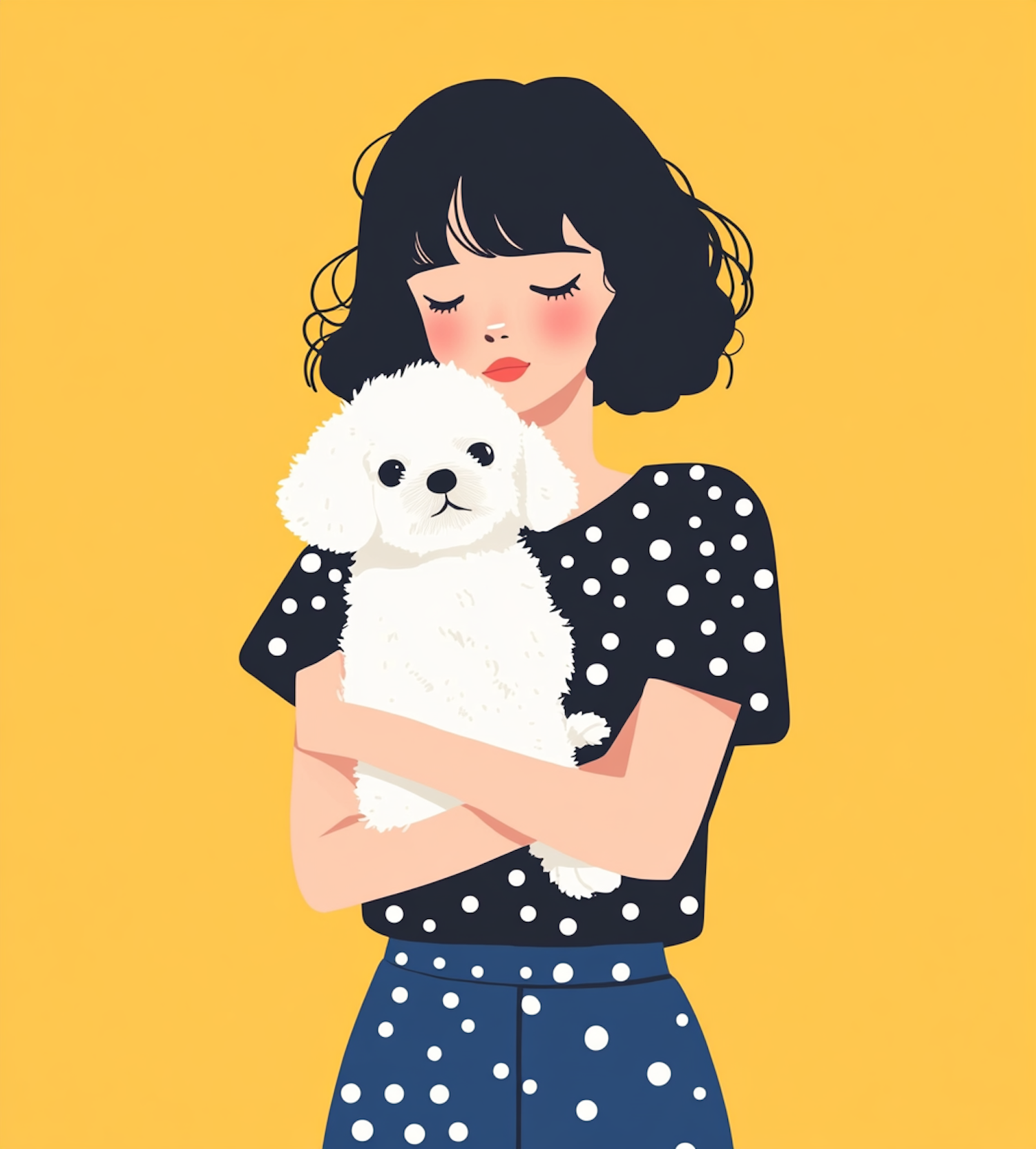 Serene Woman with Fluffy Dog Illustration