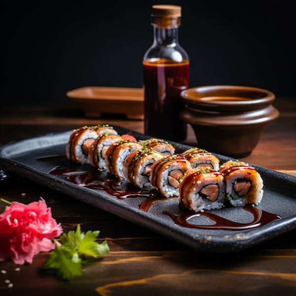 Salmon Avocado Deluxe Sushi Roll with Sesame and Sauce Drizzle