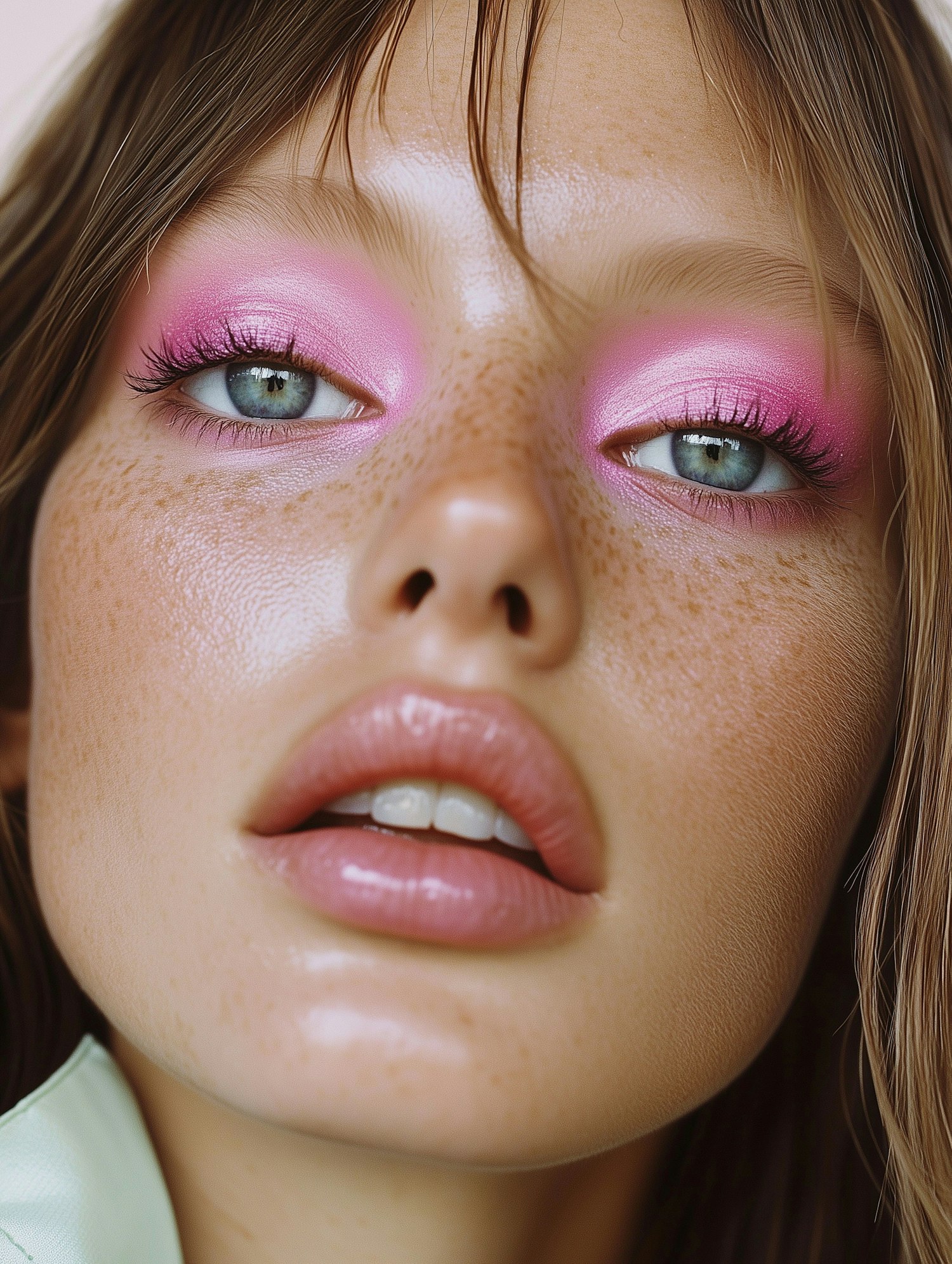 Close-up Portrait with Blue Eyes and Pink Eyeshadow