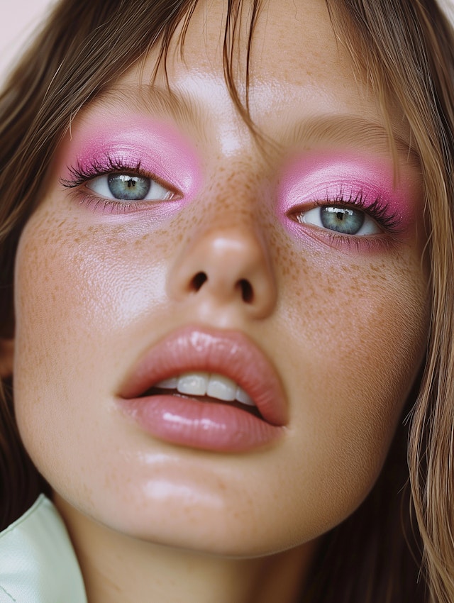 Close-up Portrait with Blue Eyes and Pink Eyeshadow