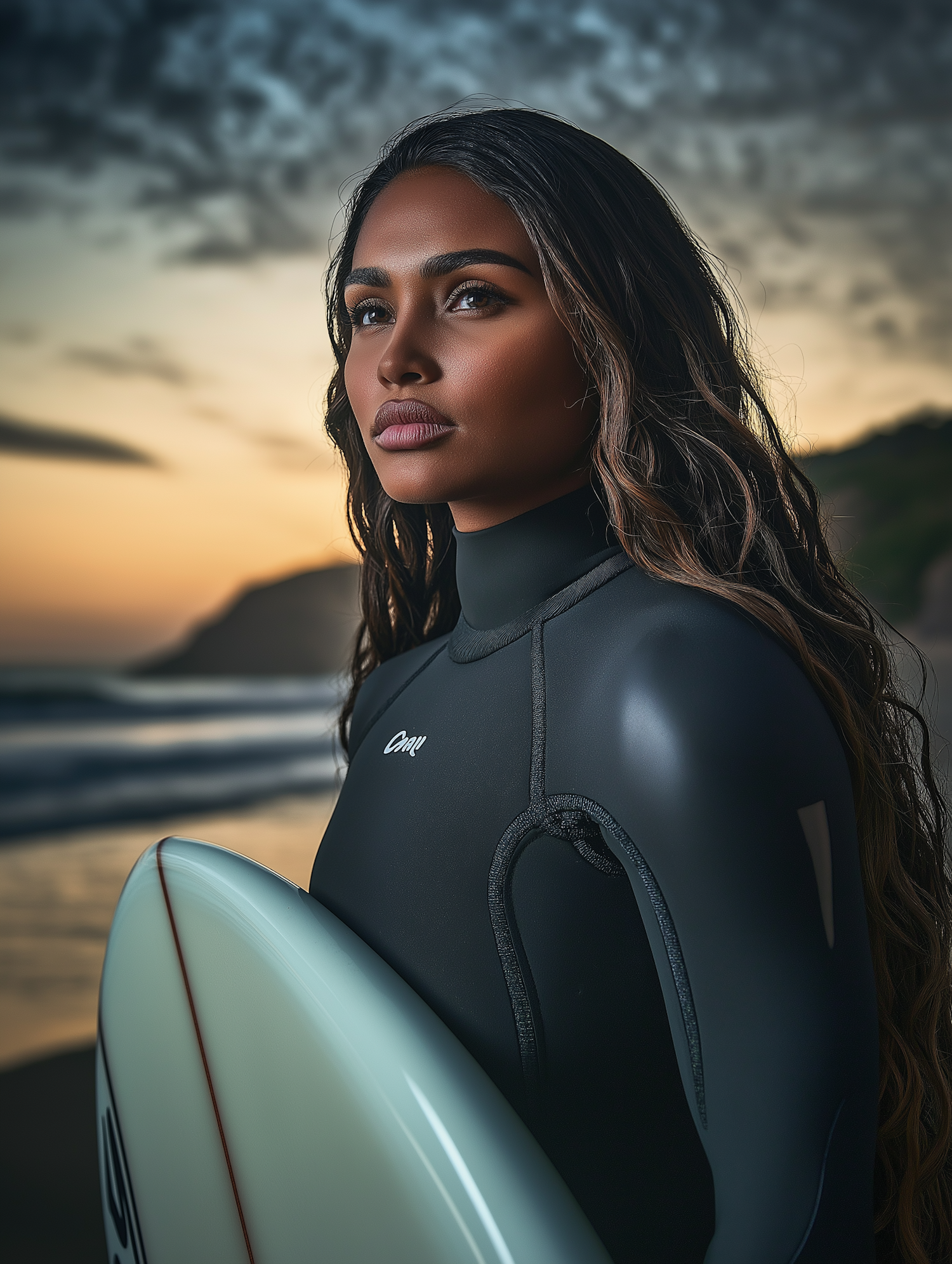 Woman with Surfboard at Sunset