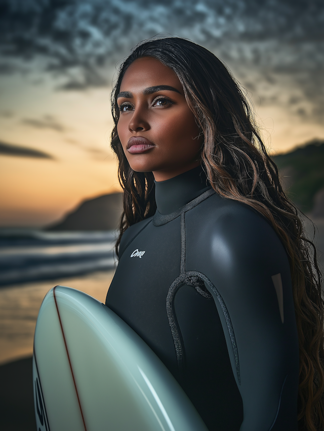 Woman with Surfboard at Sunset