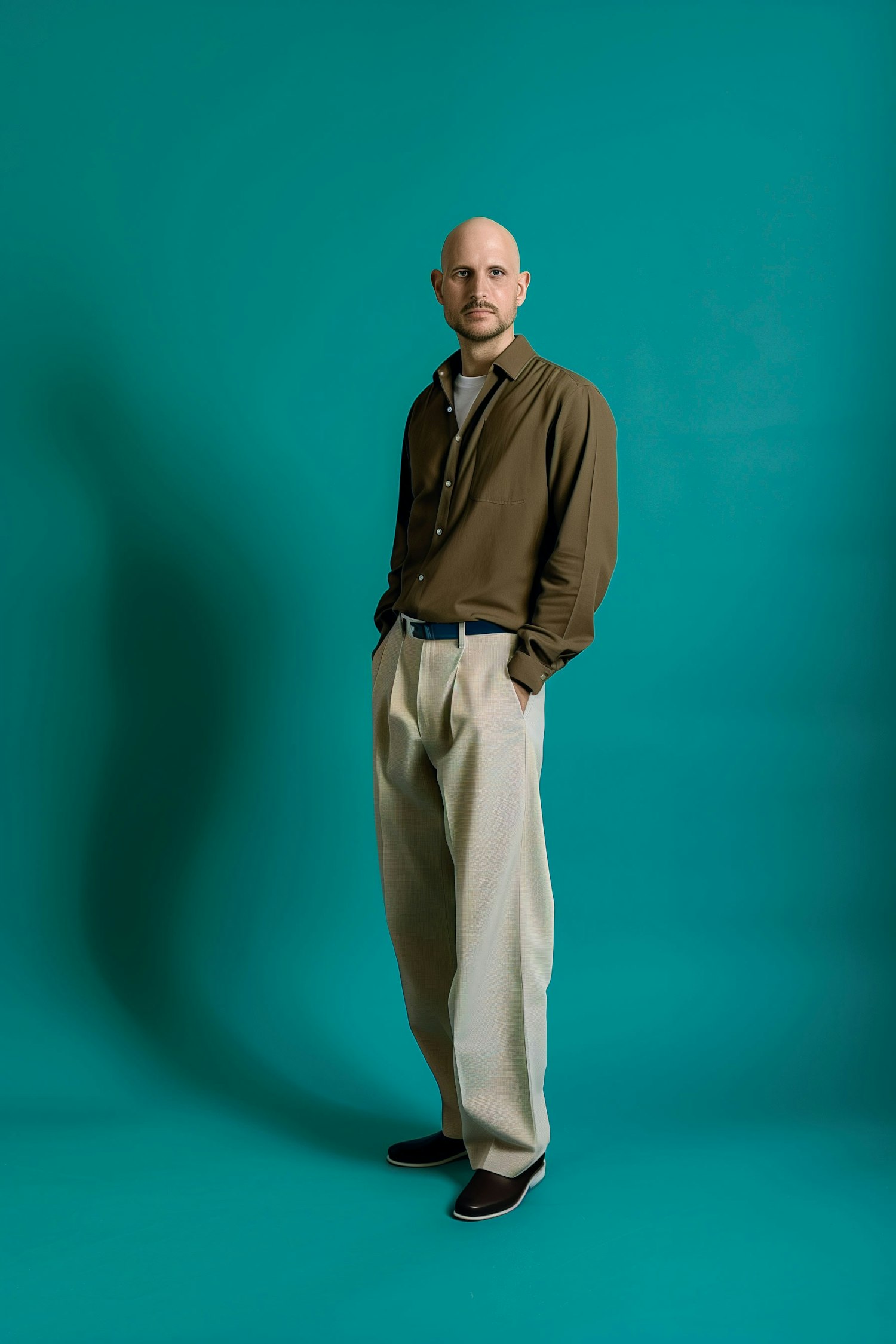 Serene Man in Earth Tones against Teal Background