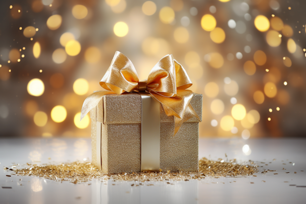 Golden Glitter Gift Box with Bokeh Background