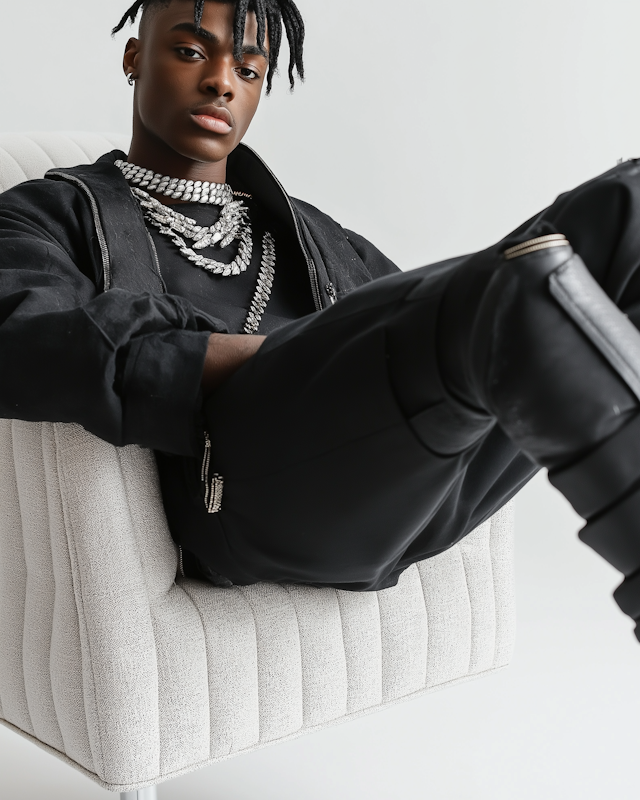 Young Man in Black Outfit with Silver Chains