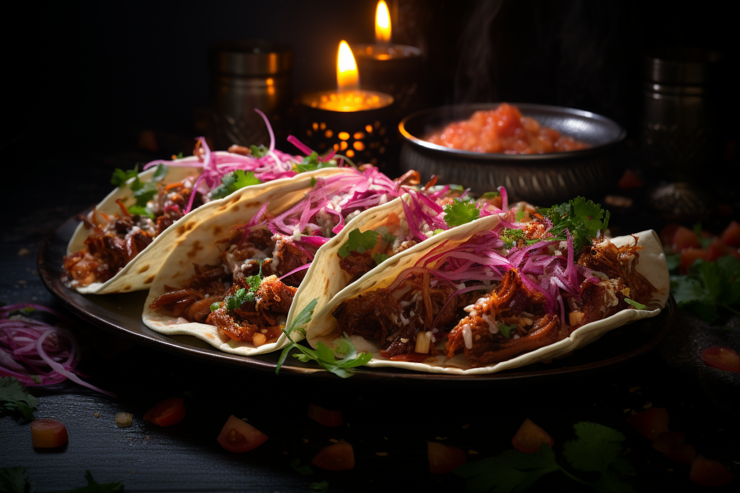 Candlelit Savory Tacos with Pickled Onions and Cilantro