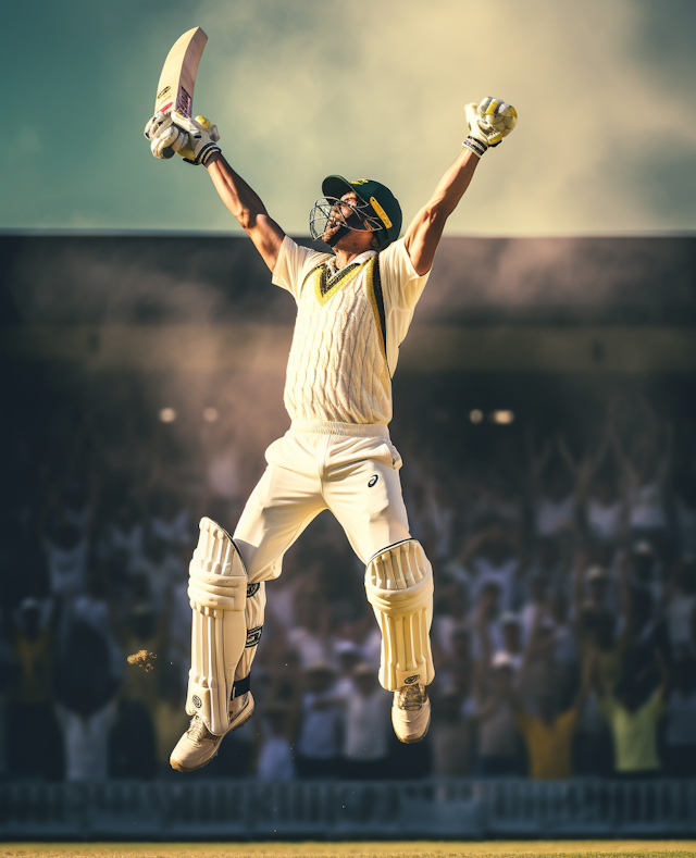 Triumphant Cricketer in Victory Leap