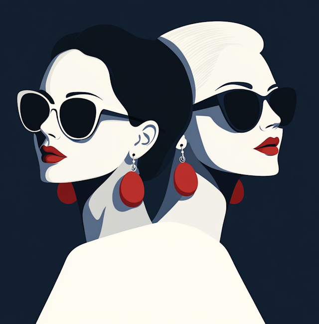 Stylized Female Profiles with Sunglasses and Red Lipstick