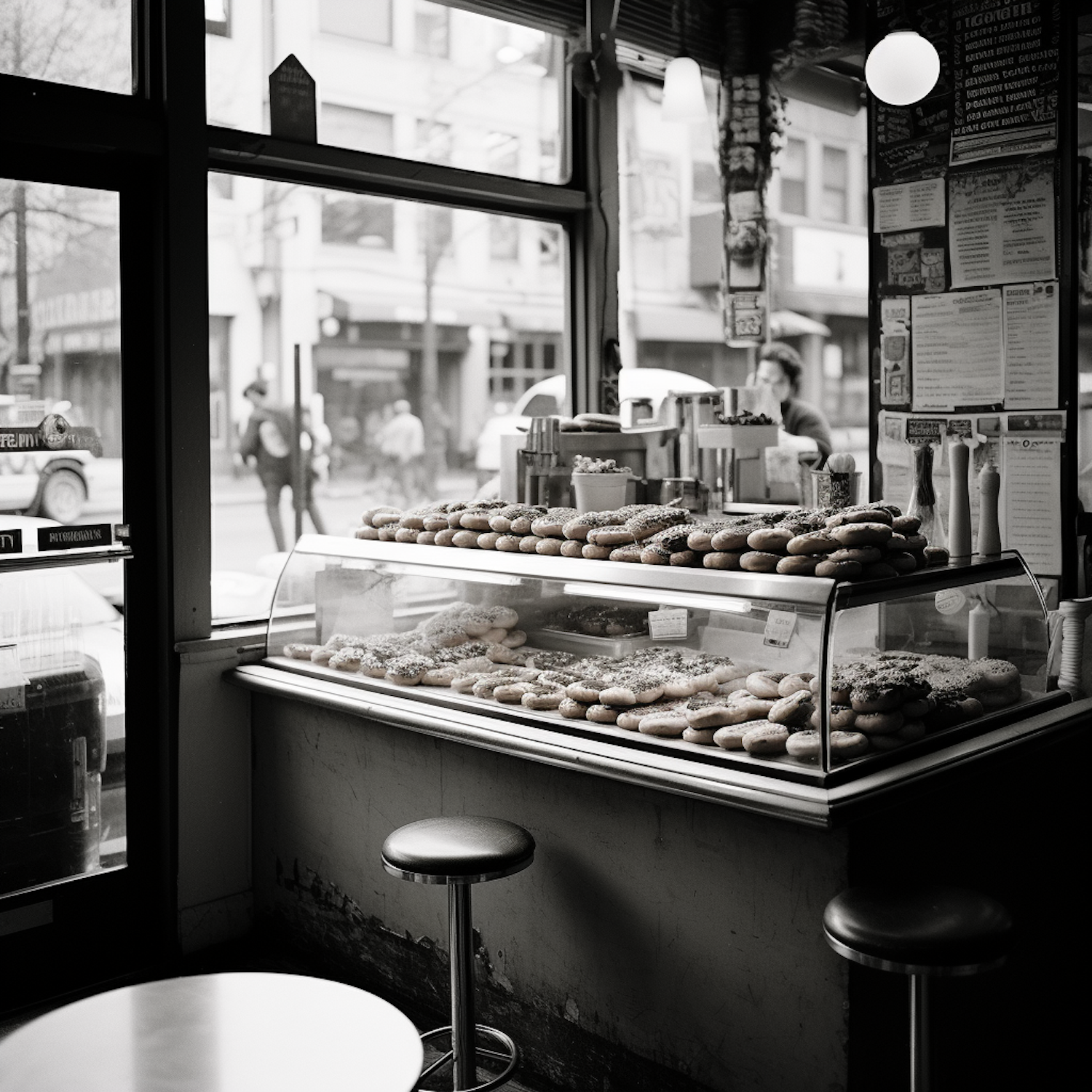 Urban Bliss Bakery - Artisan Bagel Display in Monochrome