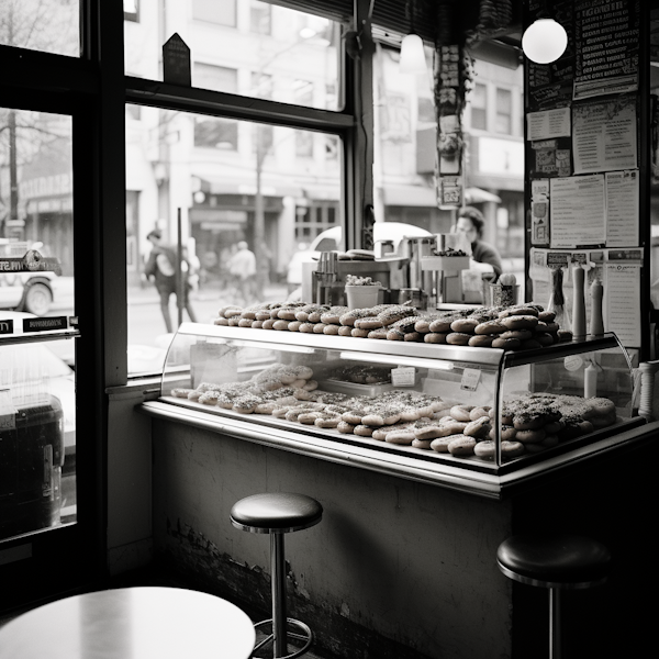 Urban Bliss Bakery - Artisan Bagel Display in Monochrome