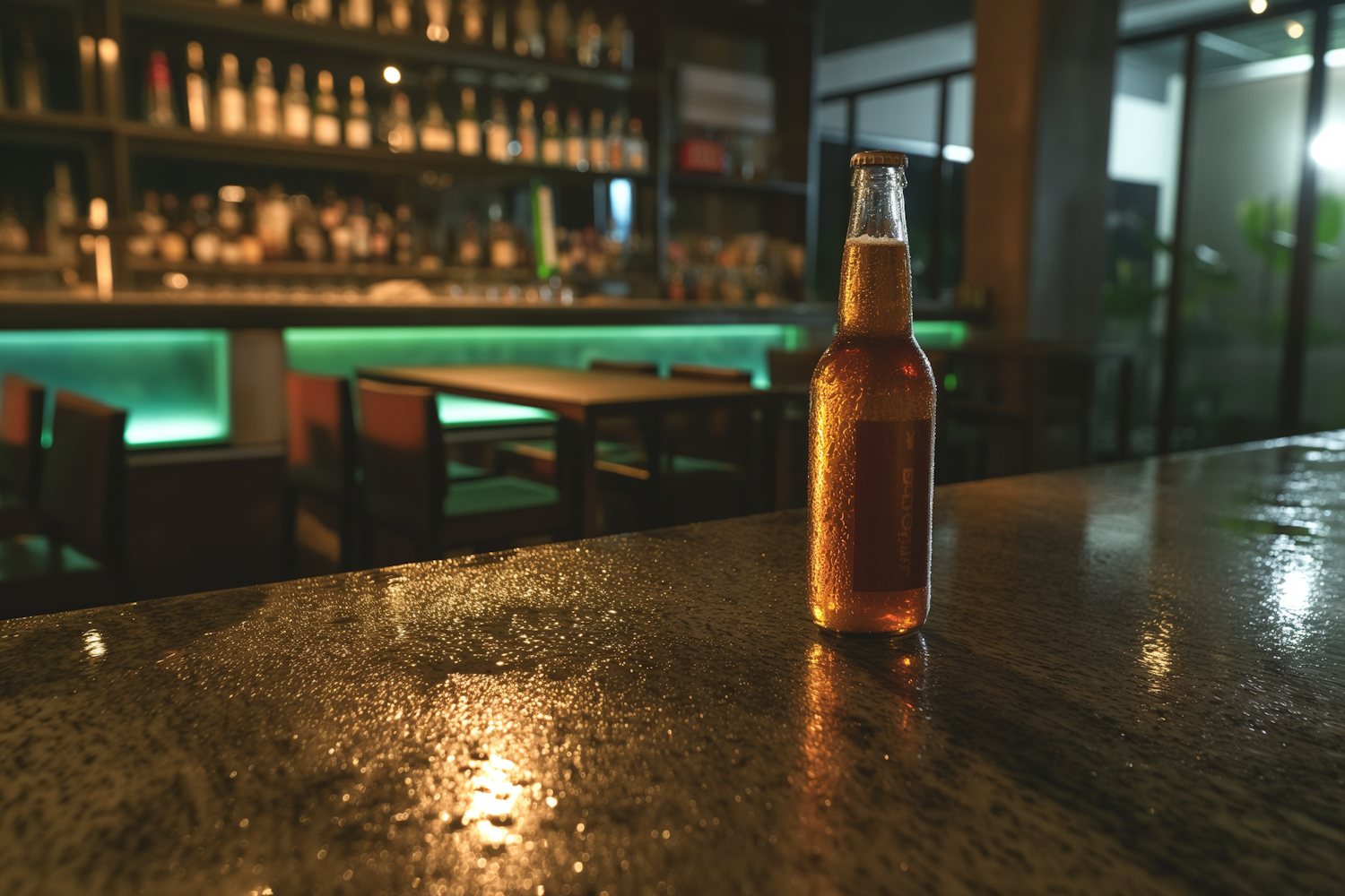 Chilled Beer Bottle in a Cozy Bar