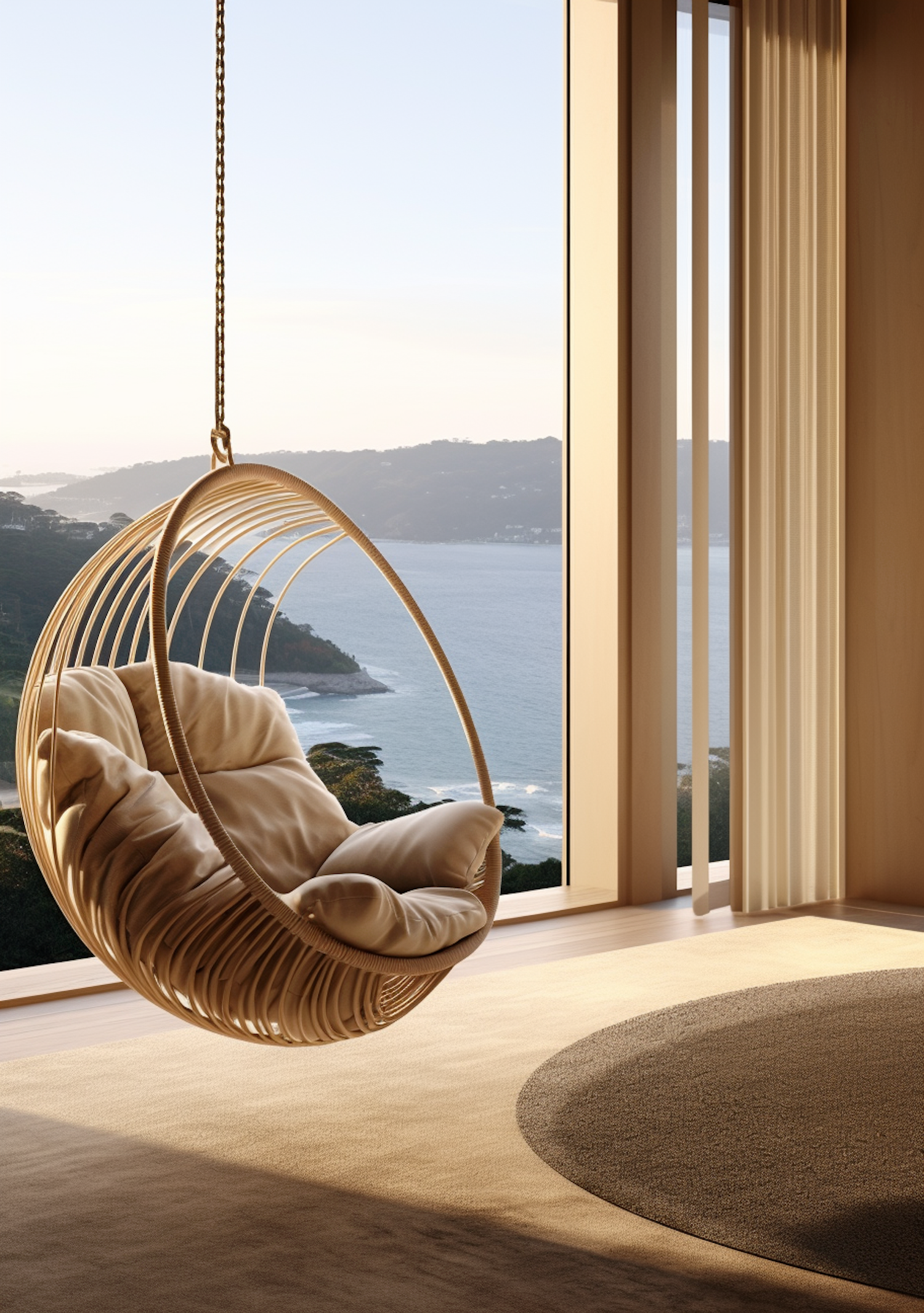 Golden Ribcage Hanging Chair with Serene Waterfront View