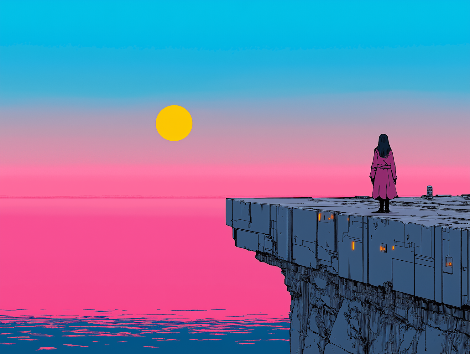 Solitary Figure at Futuristic Sunset