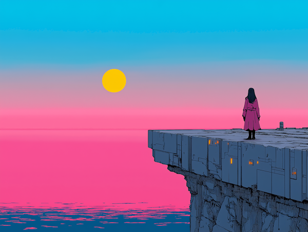 Solitary Figure at Futuristic Sunset