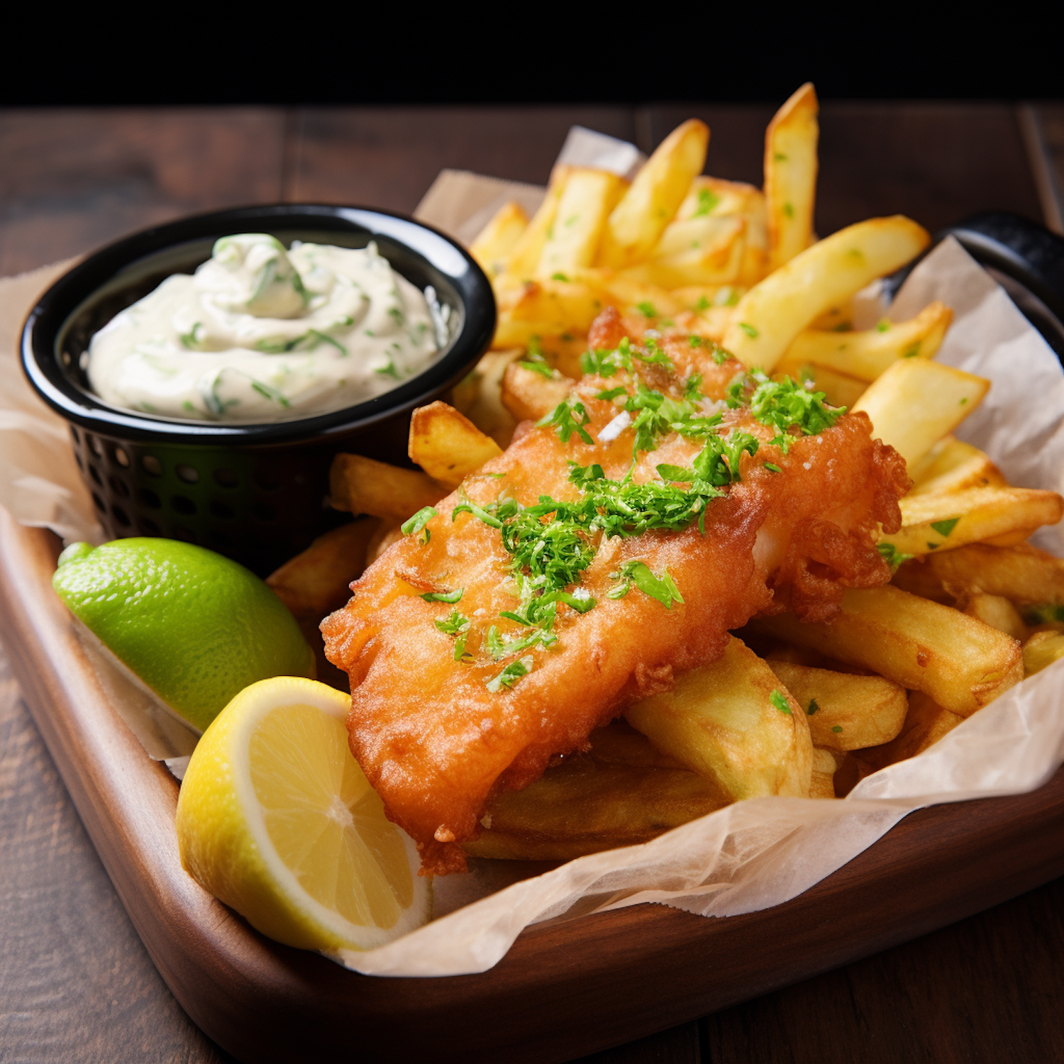 Traditional British Fish and Chips with Herbs and Citrus