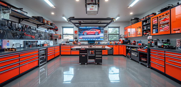 Organized Garage Work Area with Automotive Theme