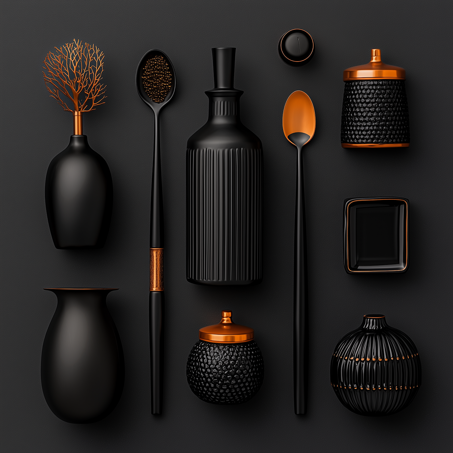 Black and Copper Object Arrangement