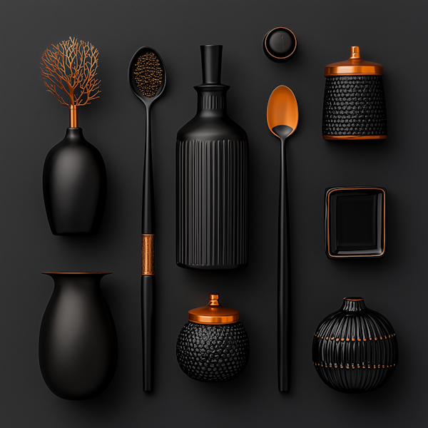 Black and Copper Object Arrangement