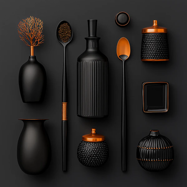 Black and Copper Object Arrangement