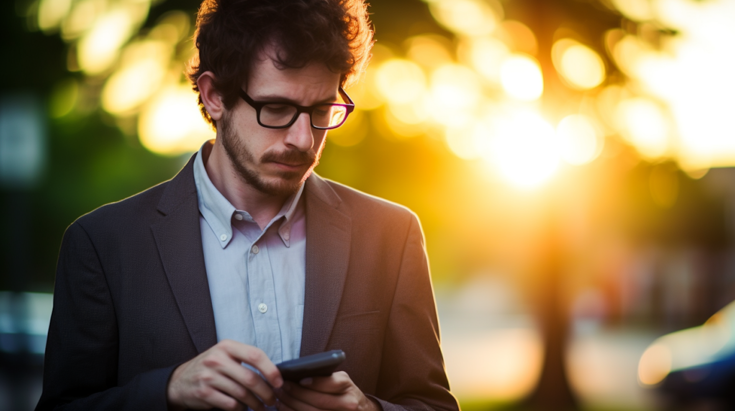 Professional Man Engrossed in Smartphone During Golden Hour