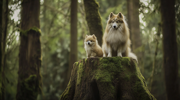 Dogs on a Forest Stump