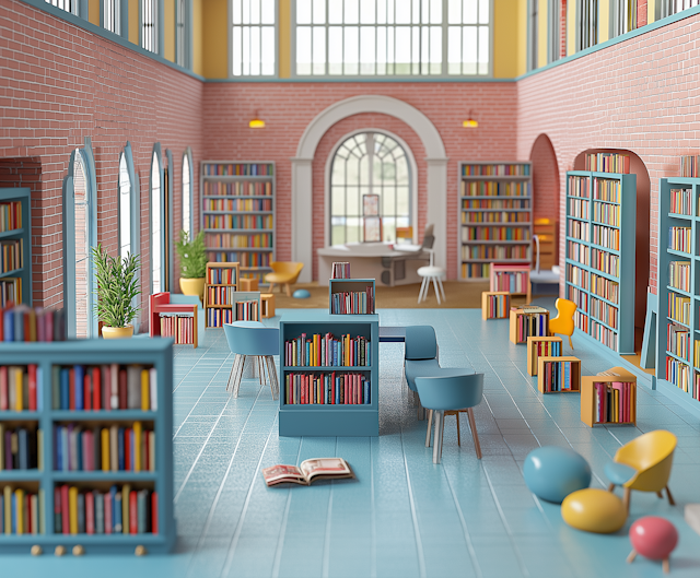 Colorful Library Interior with Arched Windows