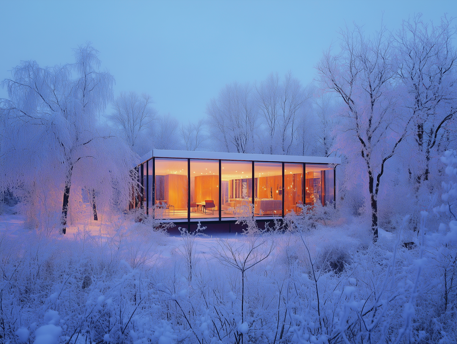 Modern Glass House in Snowy Landscape