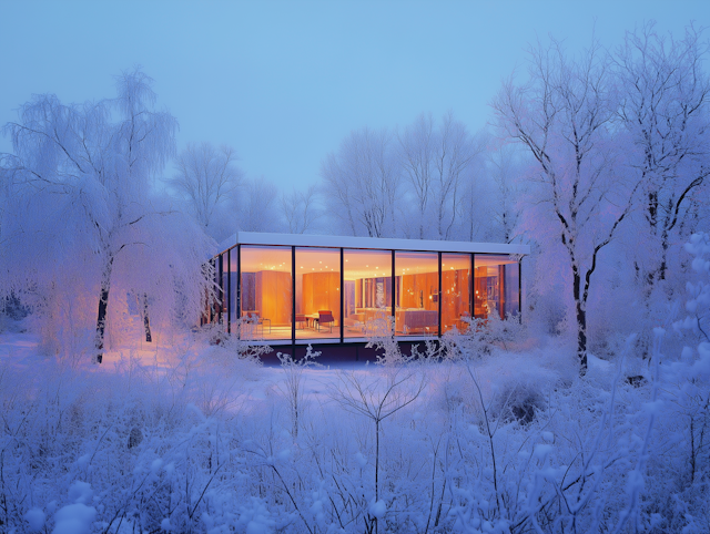 Modern Glass House in Snowy Landscape