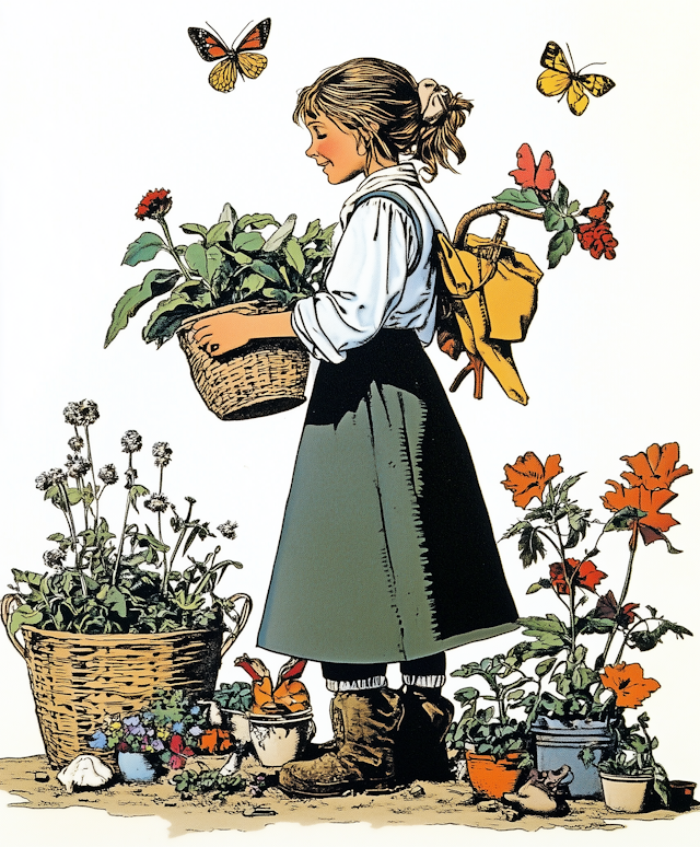 Girl with Plants and Butterflies