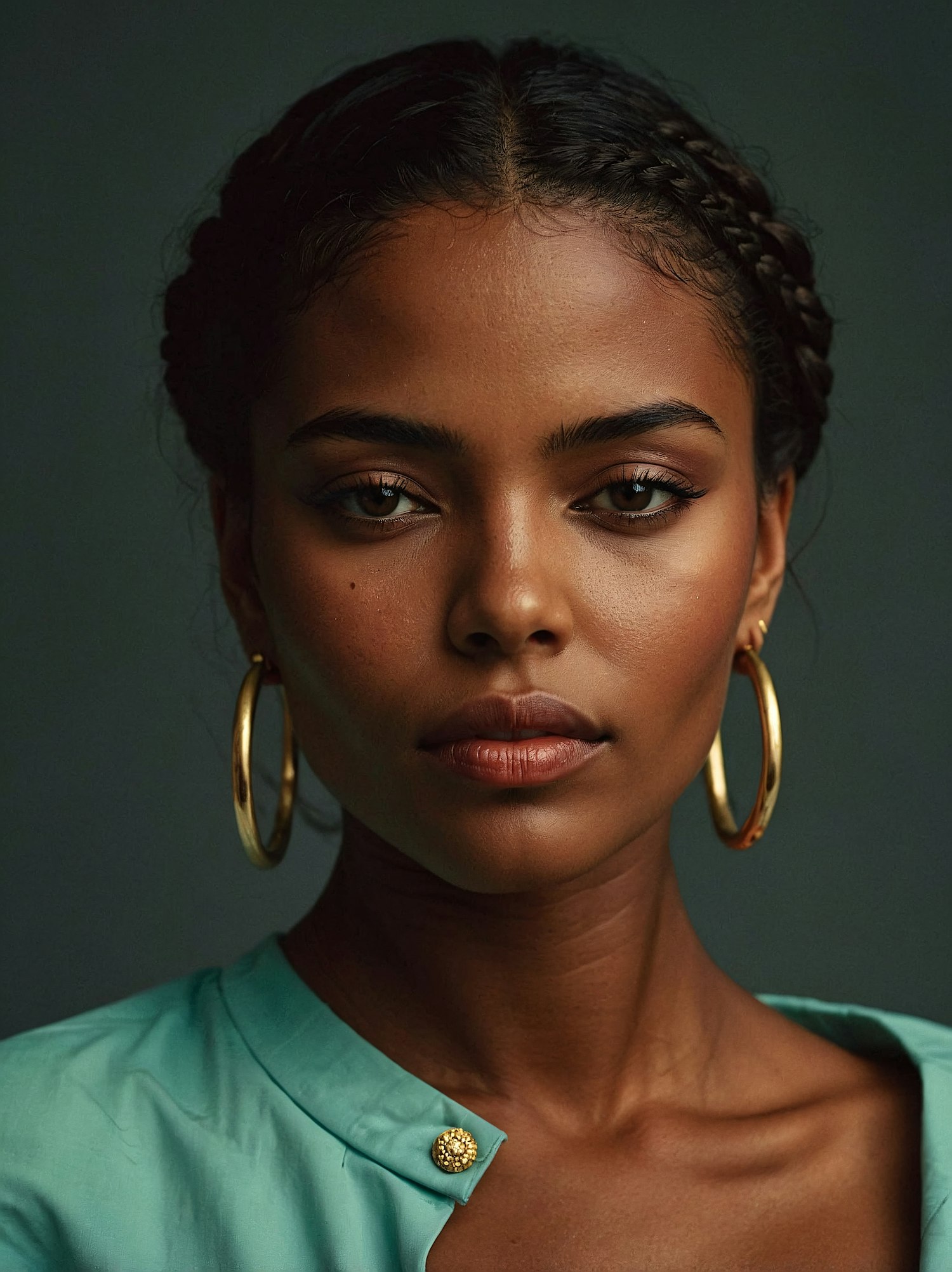 Portrait of a Woman with Braids and Gold Hoop Earrings