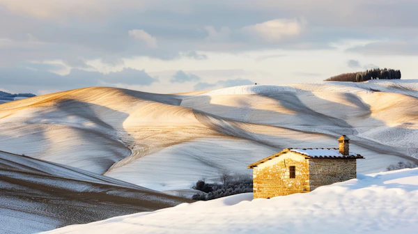 Serene Winter Landscape with Stone House