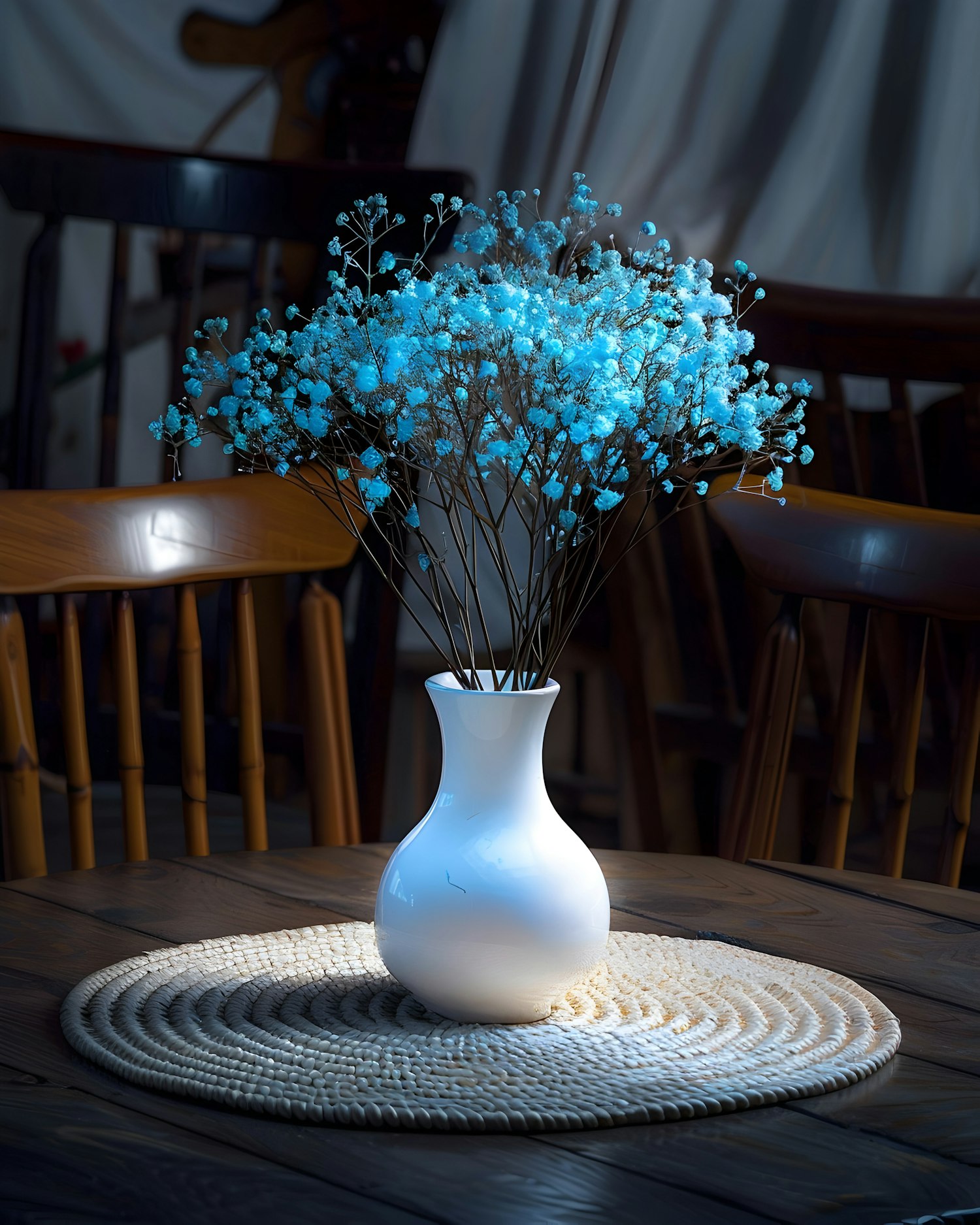 Blue Flowers in White Vase