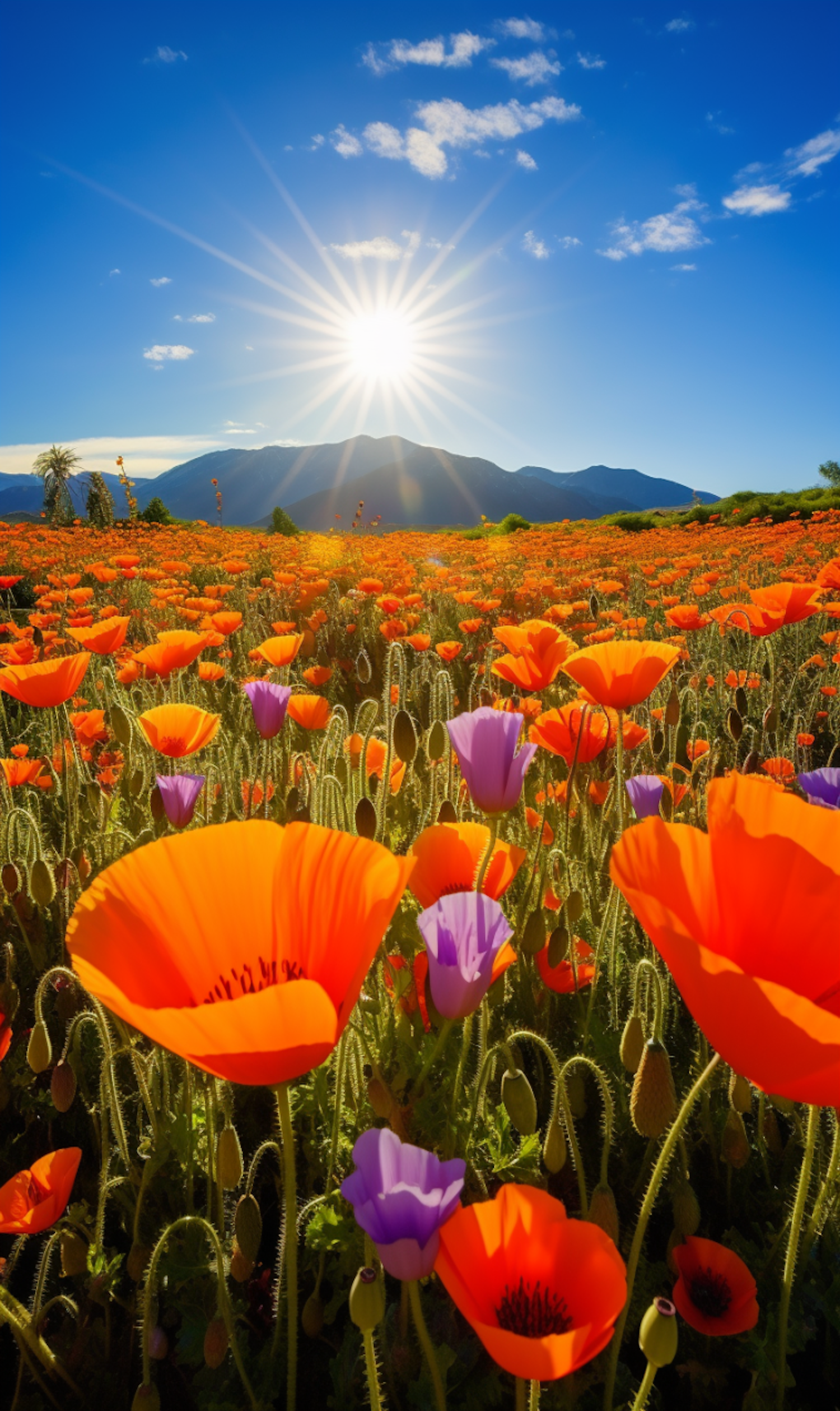 Radiant Sunburst over a Vivid Poppy Field