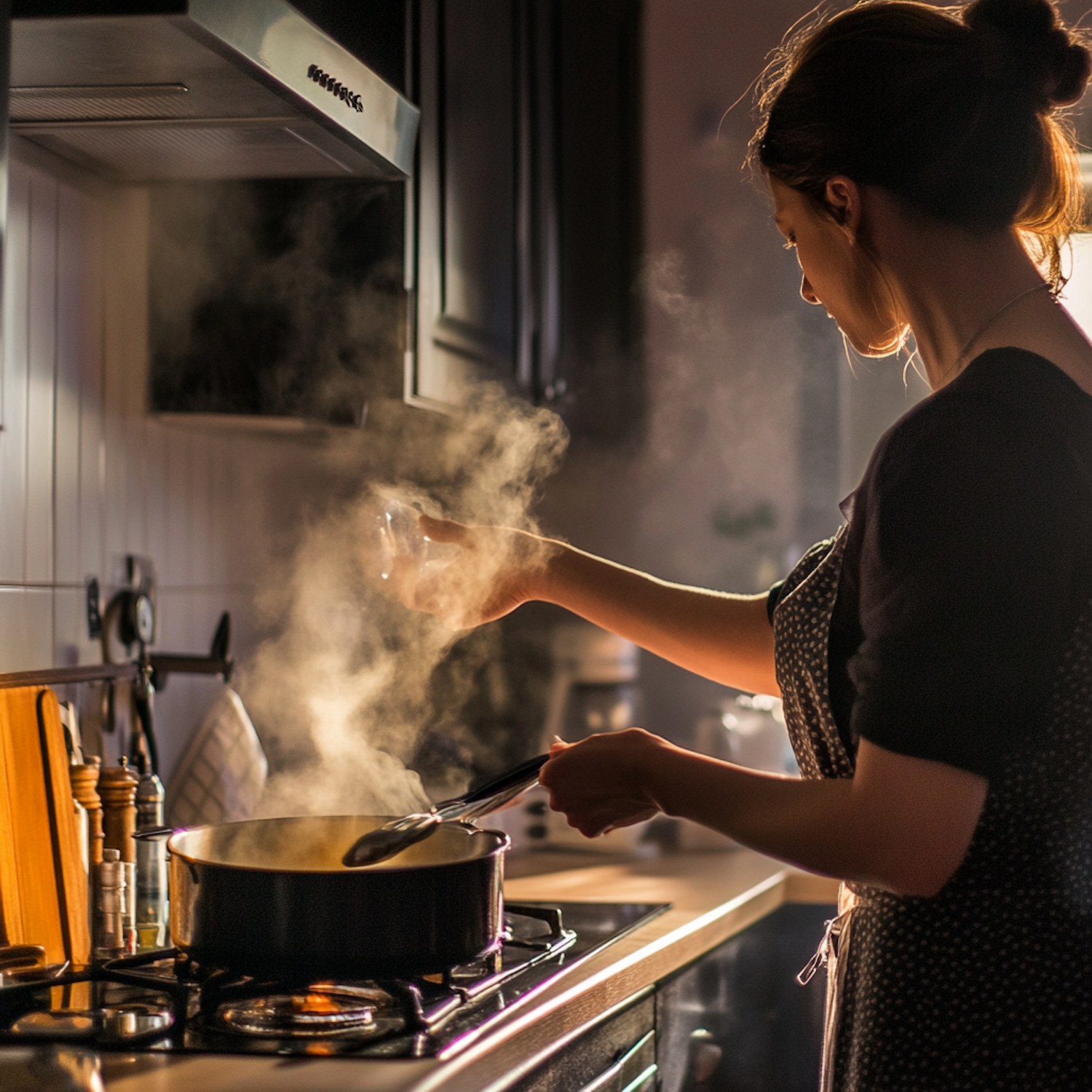 Woman Cooking in Warmly Lit Kitchen