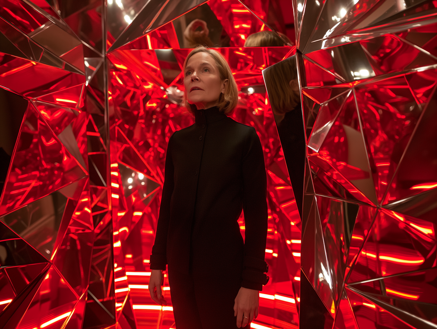 Contemplative Woman Amidst Reflective Surfaces and Red Light