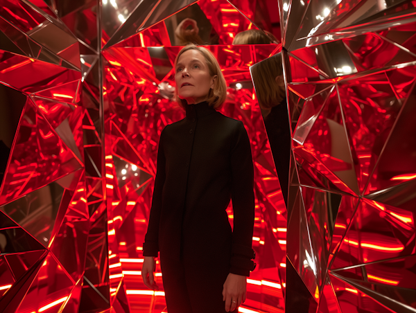 Contemplative Woman Amidst Reflective Surfaces and Red Light