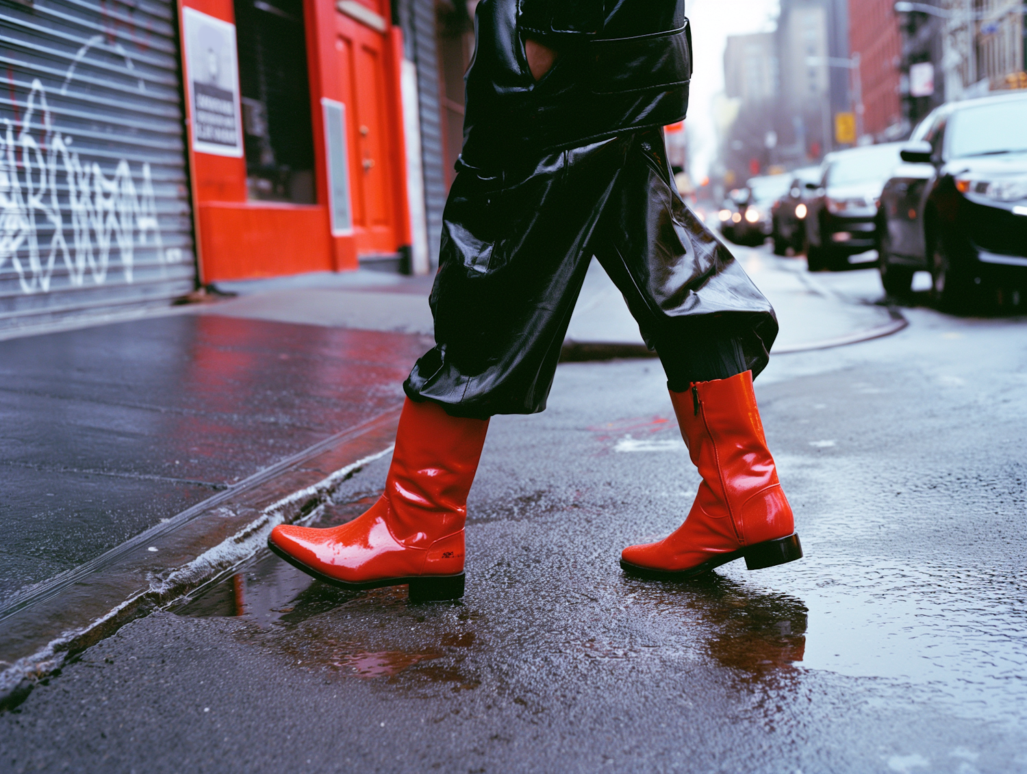 Striking Red Boots on Rainy Urban Street