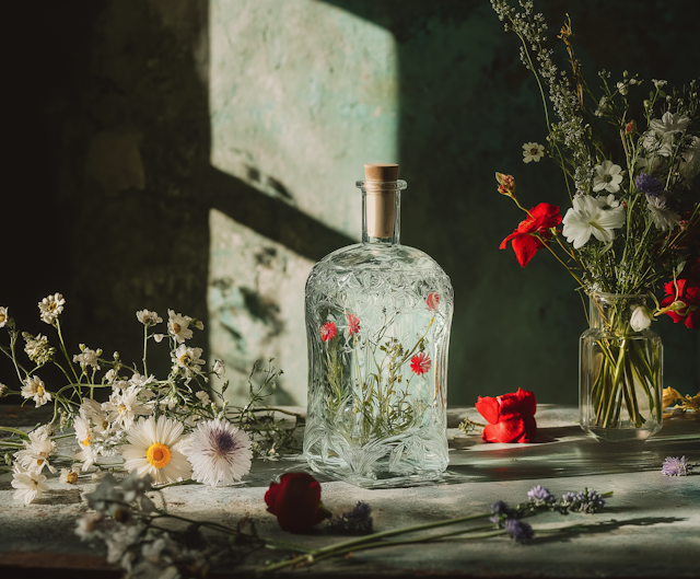 Floral Still Life with Glass Bottle