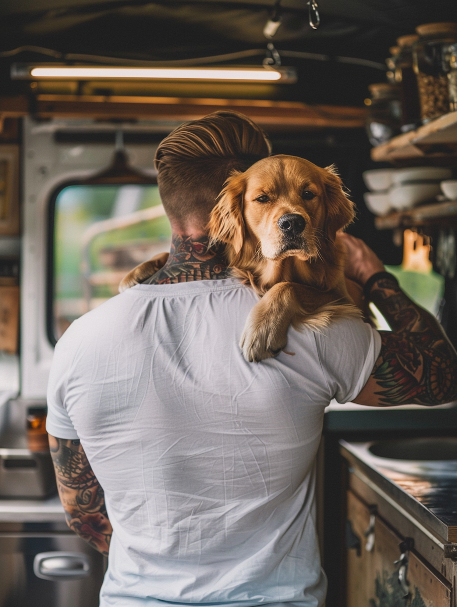 Man Comforting Golden Retriever in Camper Van