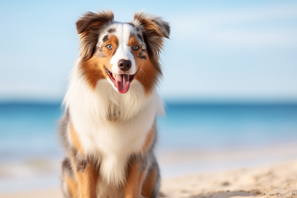 Serene Beachside Vigor: The Merle Australian Shepherd with Heterochromatic Eyes