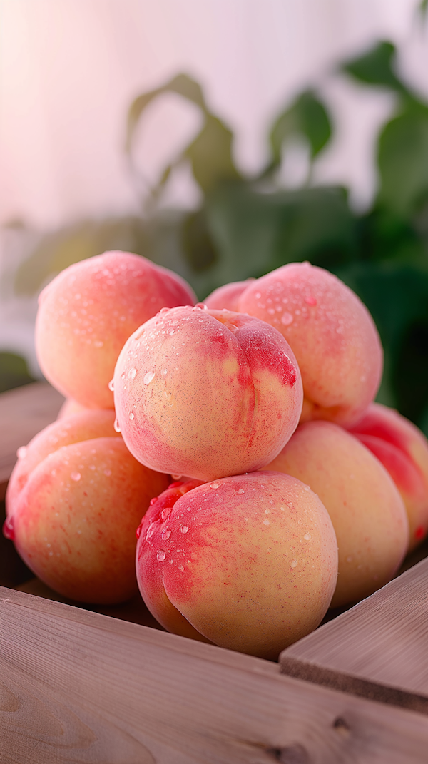 Fresh Dewy Peaches in Wooden Container