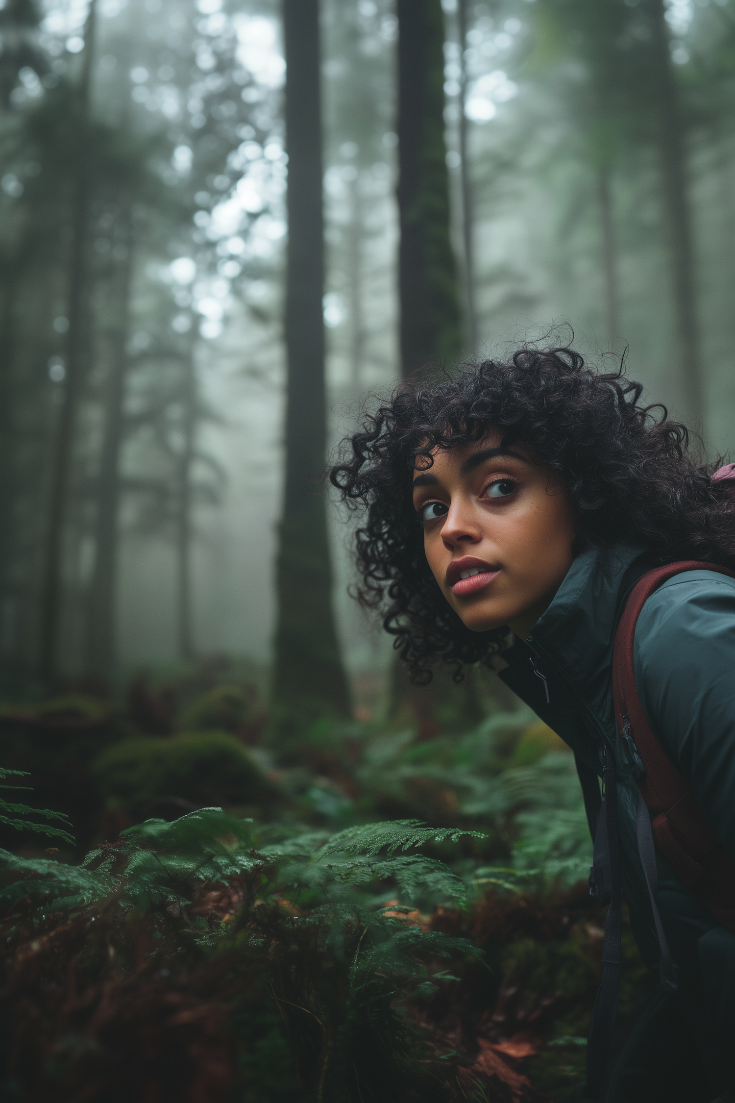 Young Woman Hiking in Misty Forest