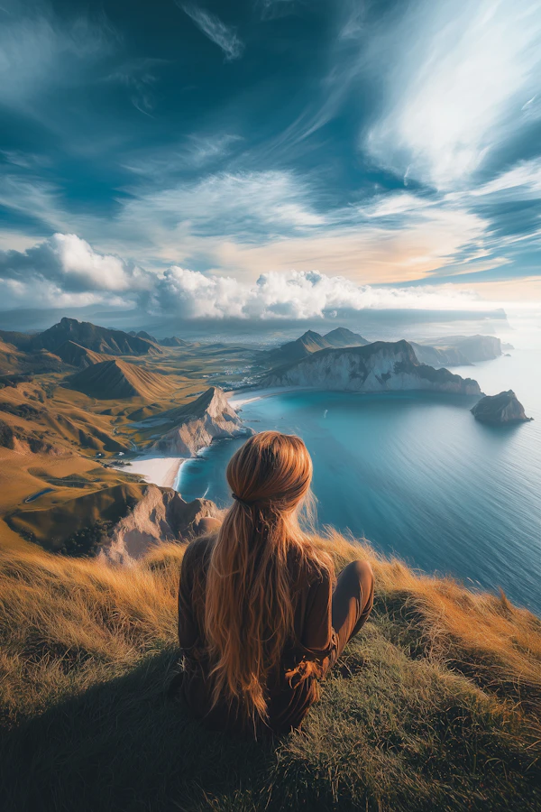 Woman on Grassy Cliff