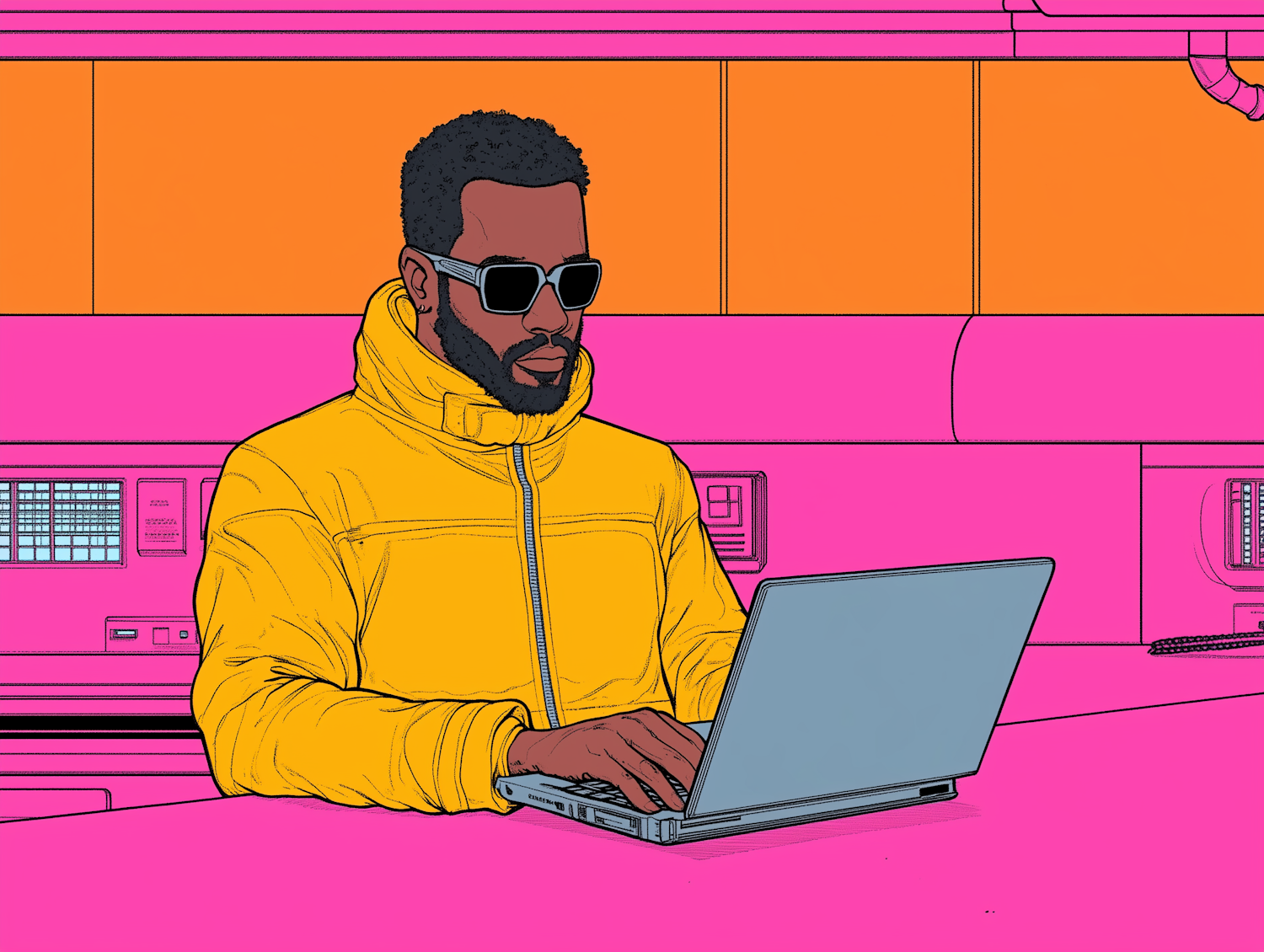 Man in Yellow Jacket Working on Laptop