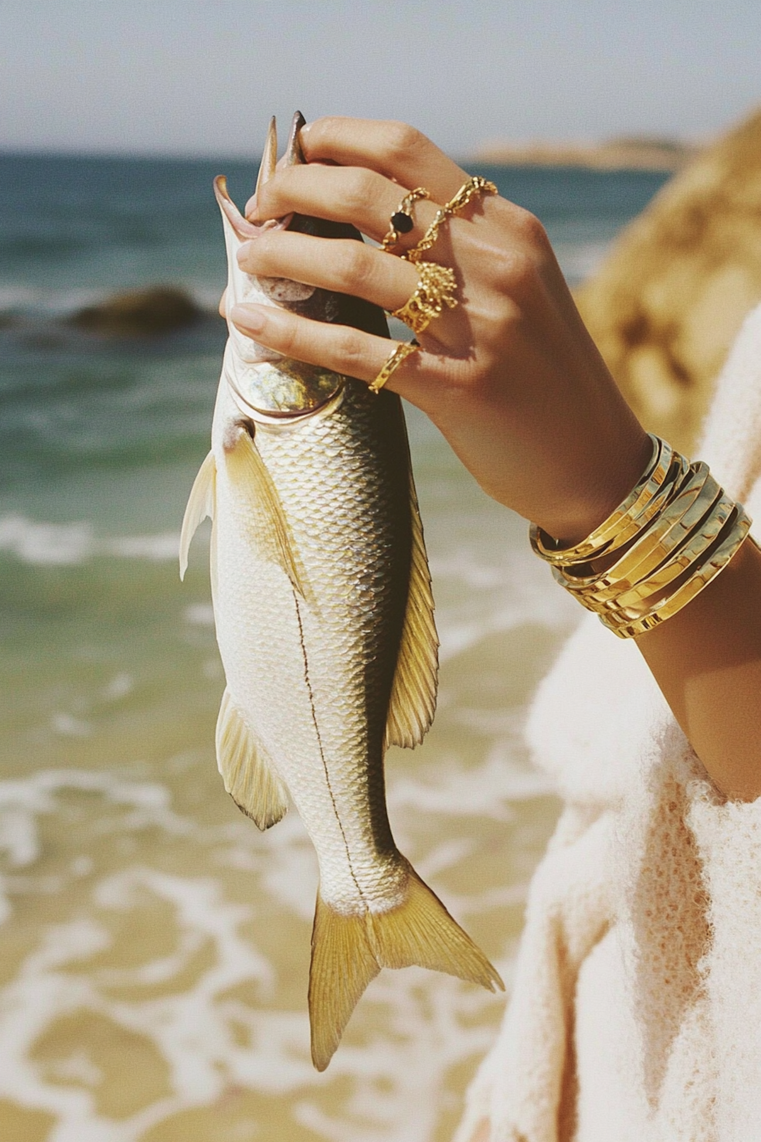 Graceful Hand Holding Fish at Beach