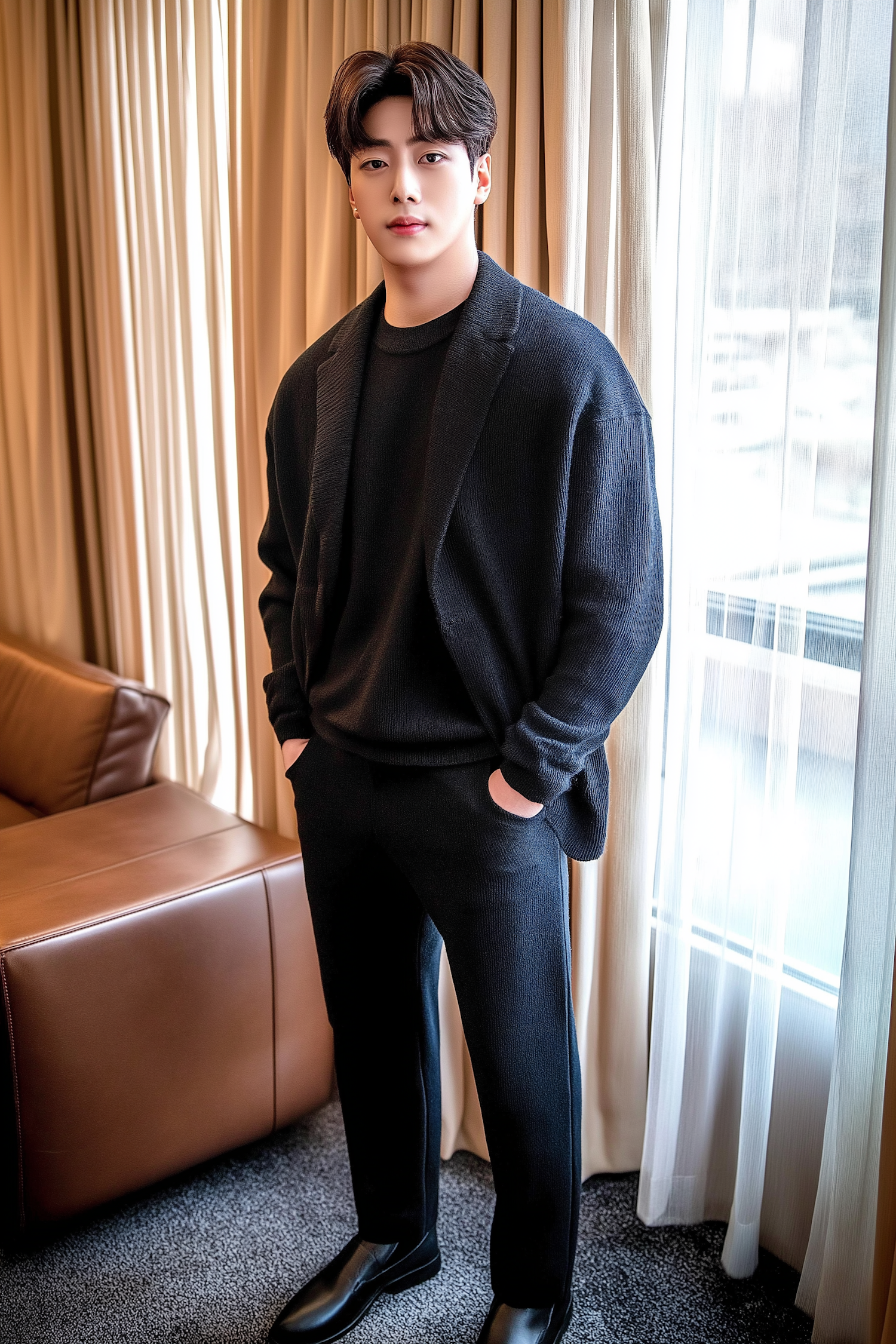 Young Man in Stylish Black Outfit Indoors