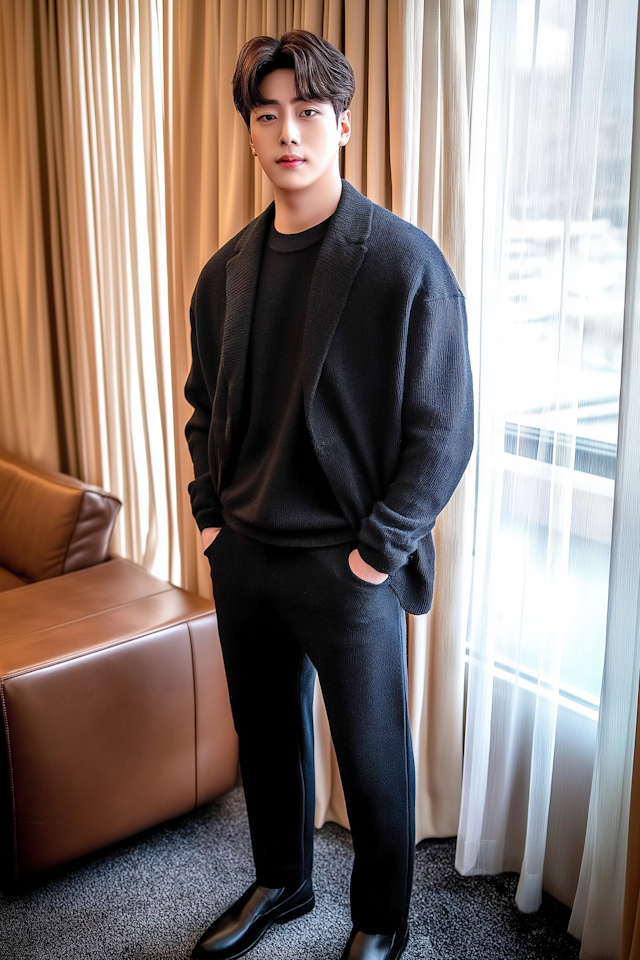 Young Man in Stylish Black Outfit Indoors